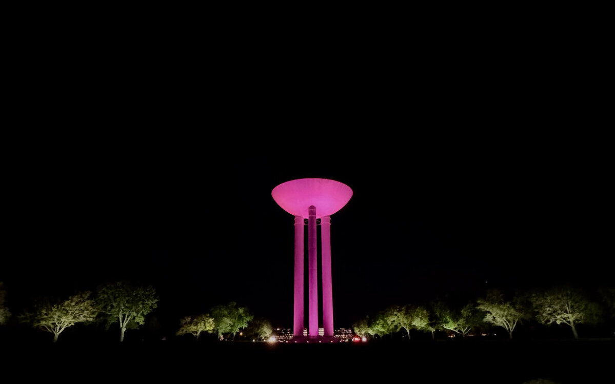 Water Tower Shines Pink